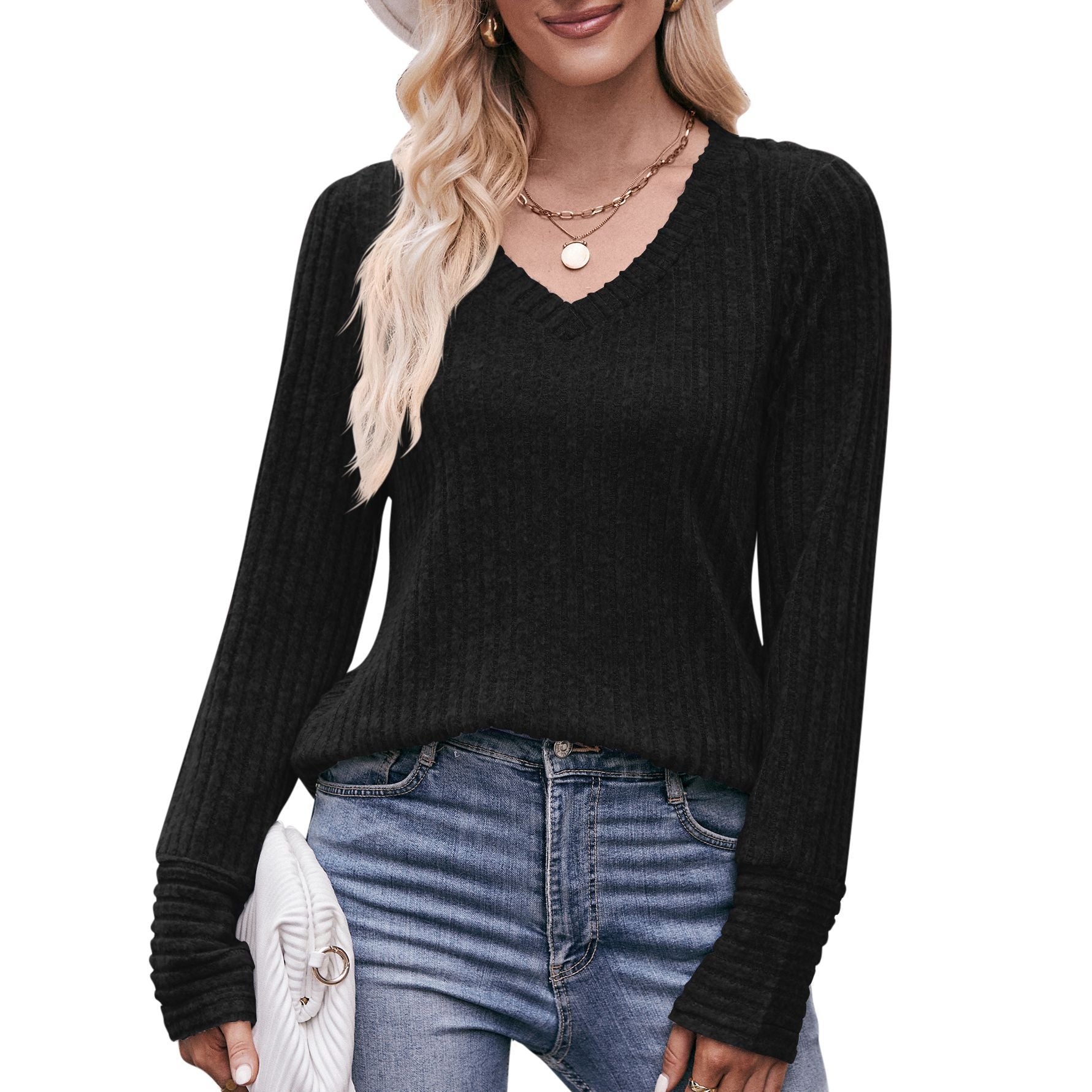 Women’s Brushed Sunken Stripe V-neck Long-Sleeved Solid Color Top