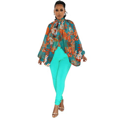 Women’s Lace Up Printed Chiffon Shirt with Batwing Sleeves – Trendy and Stylish