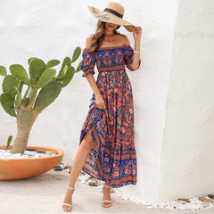 Bohemian Beach Holiday Dress: Off Shoulder Puff Sleeve Floral Midi Dress