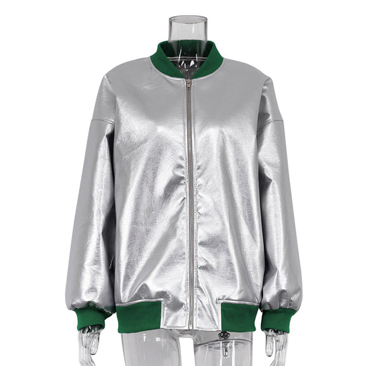 Metallic Coated Fabric Jacket Autumn Winter Long Sleeve Future Reflective Varsity Jacket Women Long Sleeve Jacket College