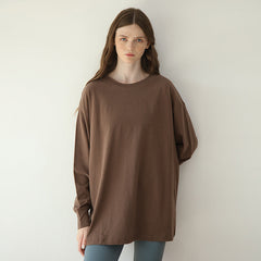 Pure Cotton Round Neck Loose Long Sleeves Bottoming Shirt Sexy Casual Sporty Simplicity T shirt Solid Color Top Women