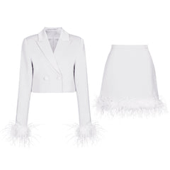 High Ostrich Feather Long Sleeve Slim Fit Office Women Business Skirt Sets