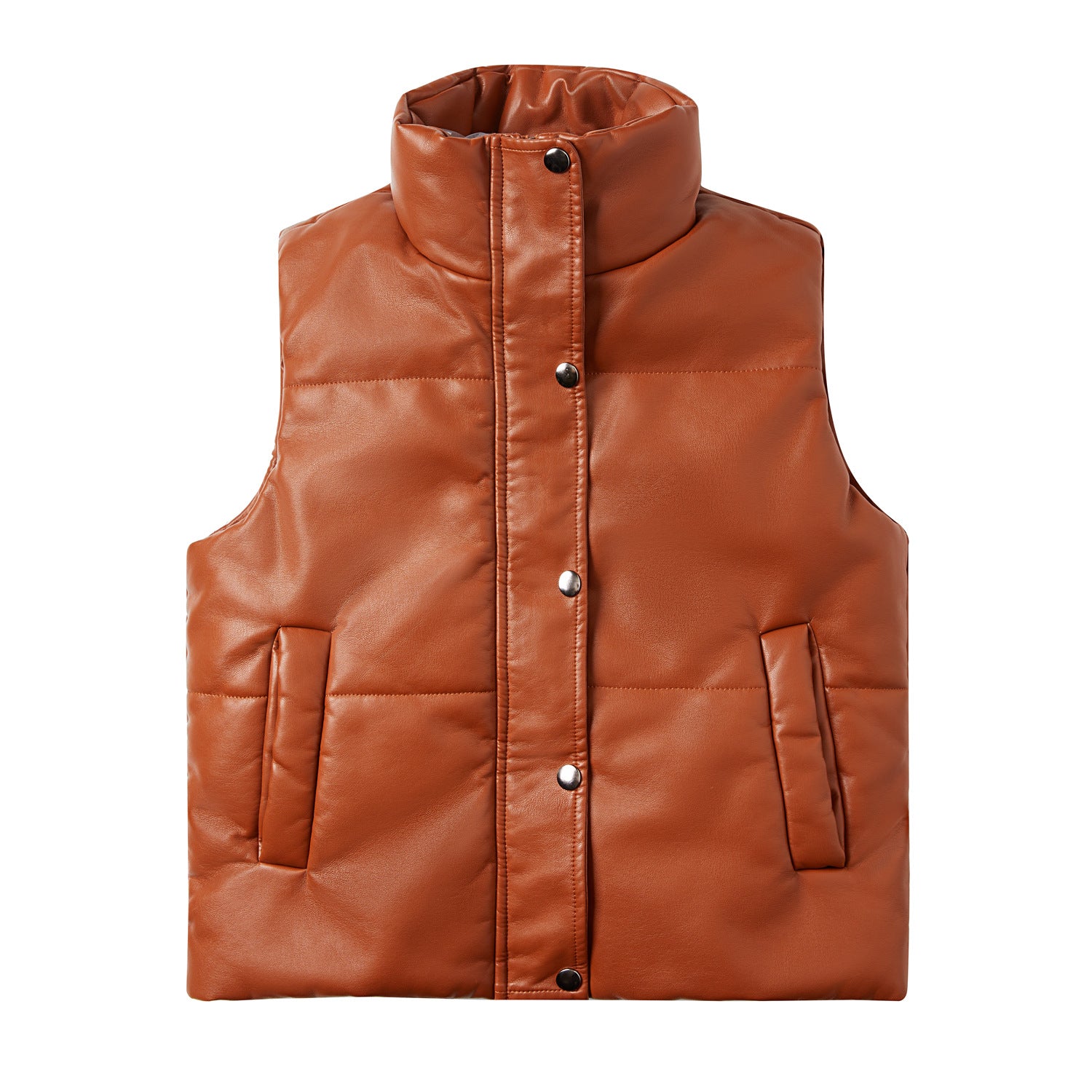 Autumn Winter Women Leather Waistcoat Sleeveless Quilted Zipped Cotton Padded Jacket Stand Collar