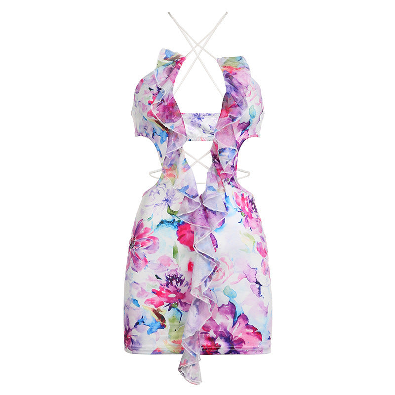 Summer Vacation Ruffled Ribbon Small Floral Print Hollow Out Cutout Sexy Halter Spaghetti Straps Dress