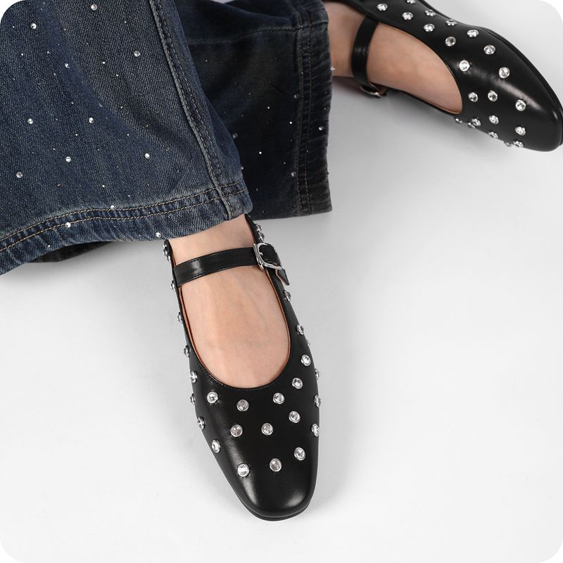 Studded Rhinestones Mary Jane One-Line Buckle Ballet Flats