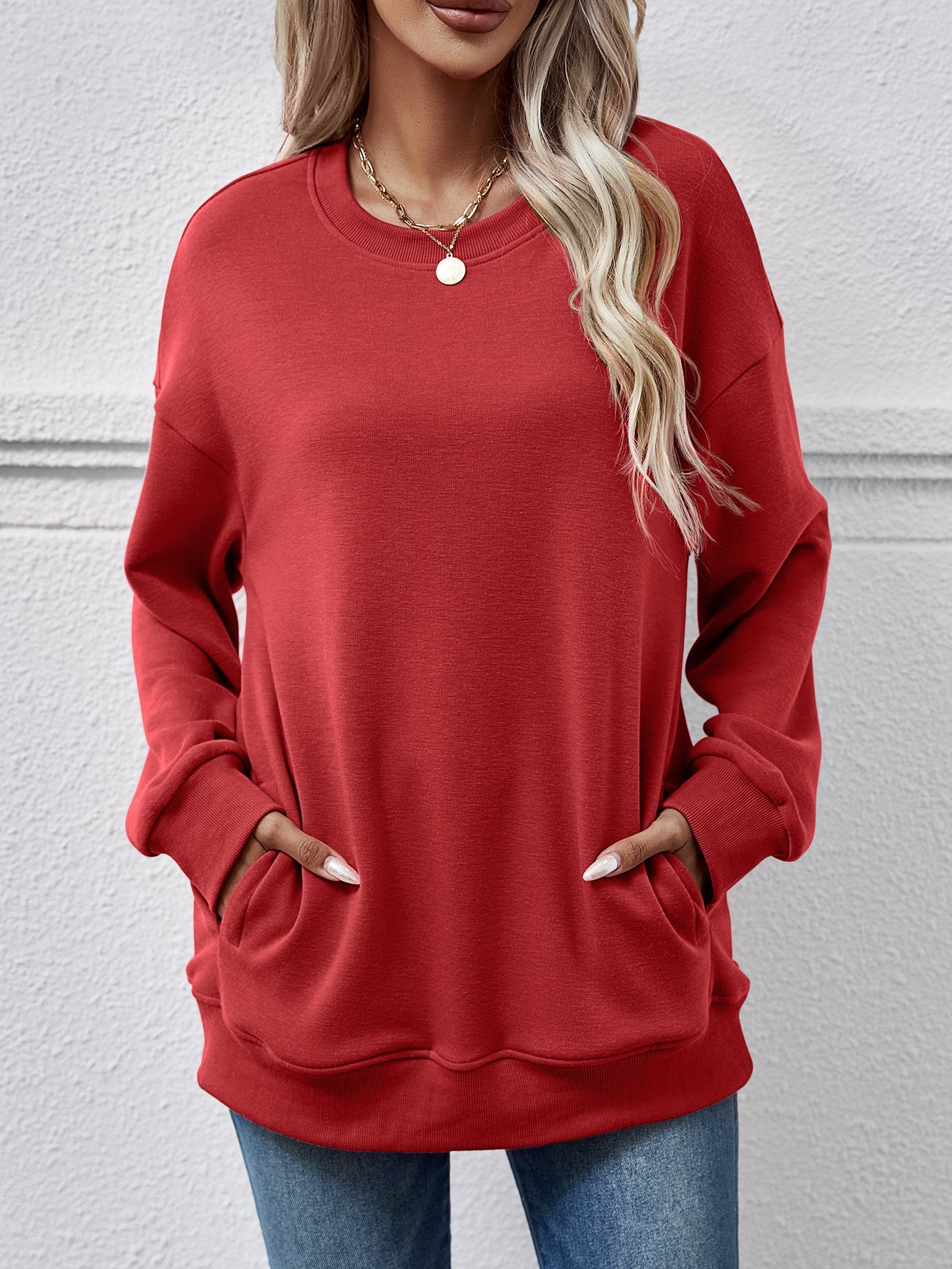 Autumn Winter Women Clothing Brushed Hoody Women Loose Round Neck Pocket Top