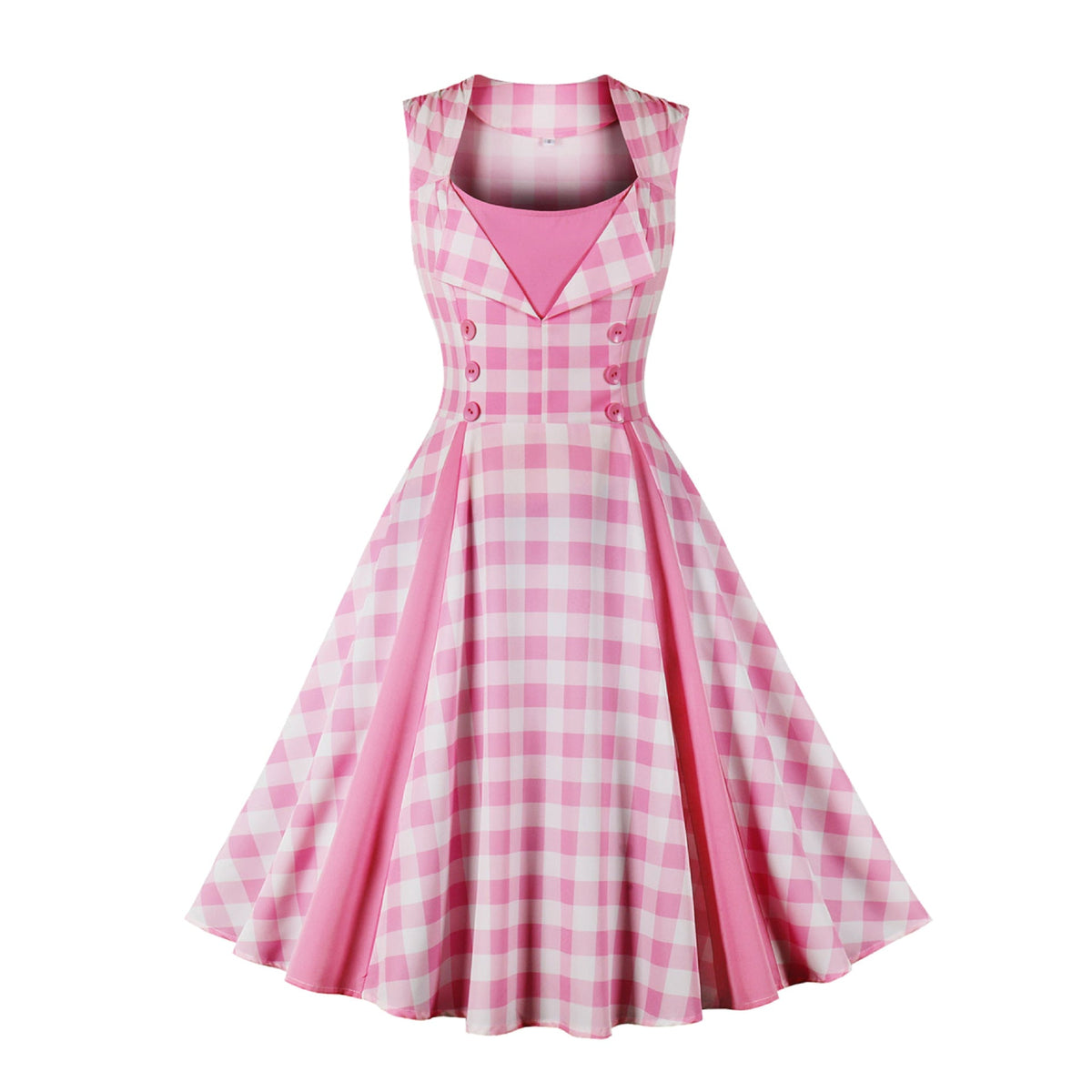 Women Cinched Patchwork Sleeveless Barbie Pink Plaid Retro Large Swing Dress Women