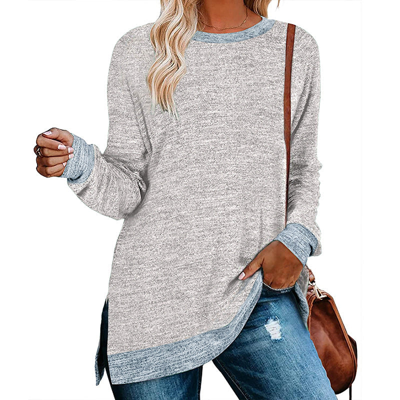 Women Clothing Long Sleeve round Neck Multicolor Split Top Loose Casual Pullover T-shirt