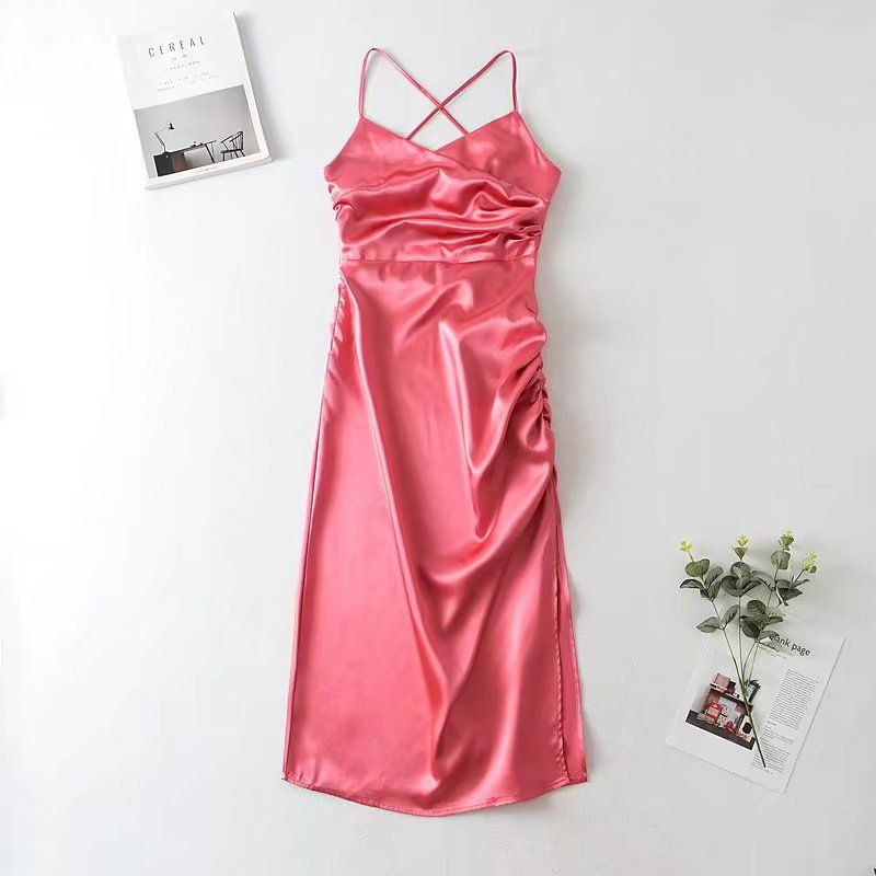 Summer Women Clothing High Waist Backless Mid-Length Strap Satin Dress for Women