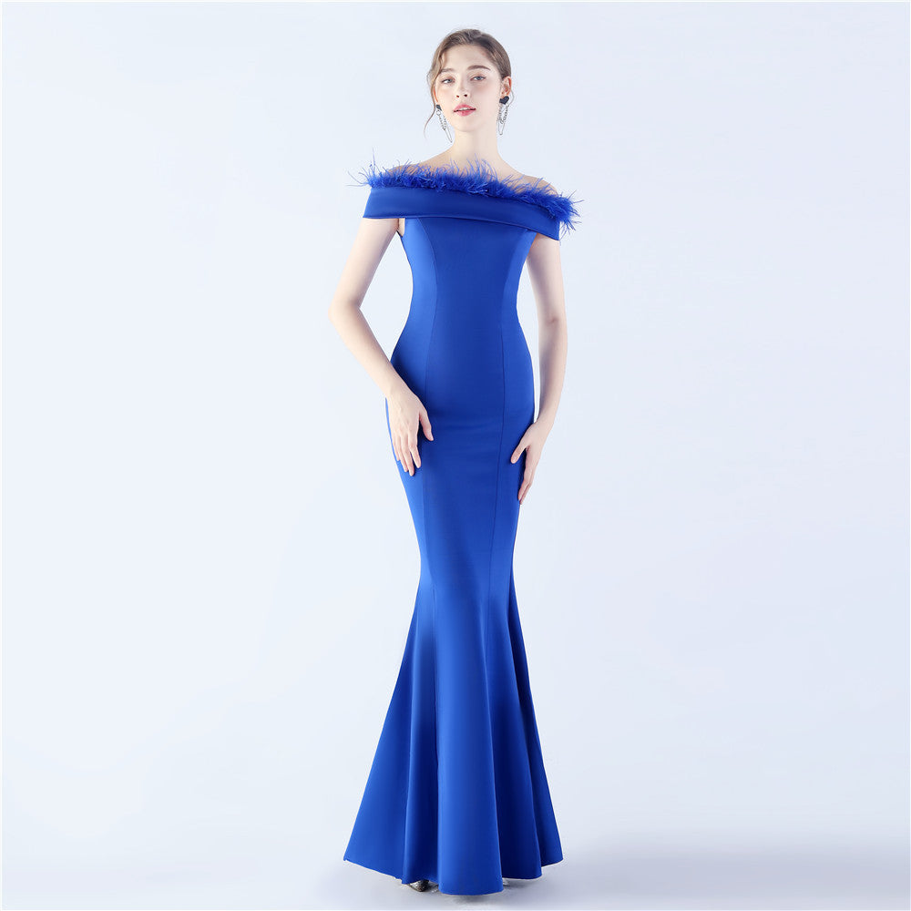 Satin Craft Order Ostrich Feather Off The Neck Tube Top Evening Dress