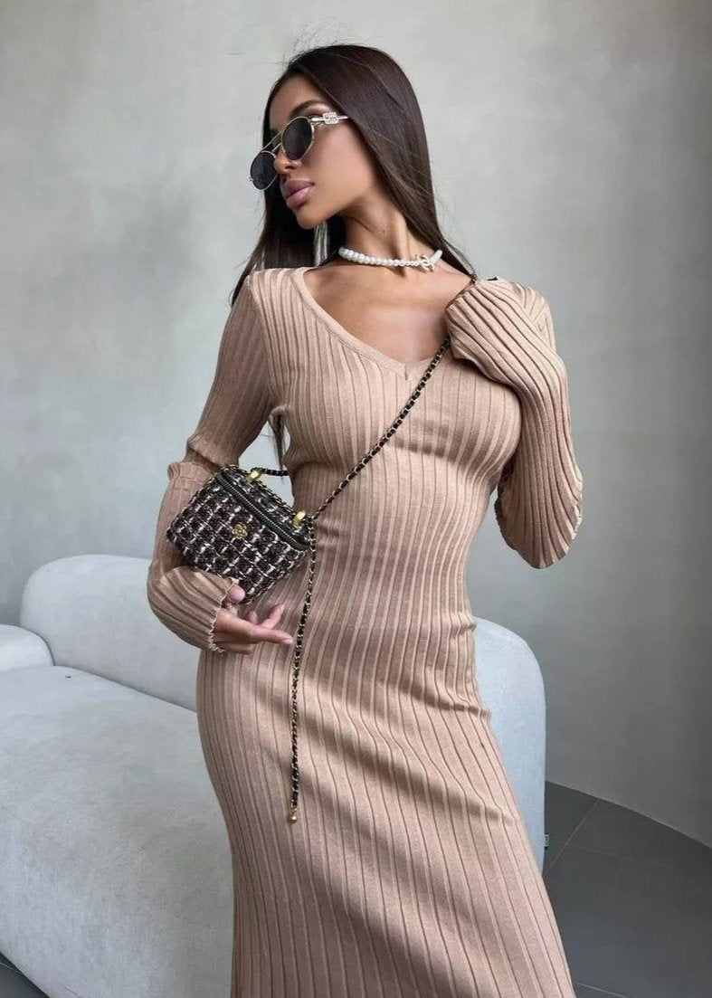 Tawny Ribbed Knit Midi Dress