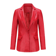 Small Long Sleeved Coat Women Single Button Office Casual Solid Color Leather Coat