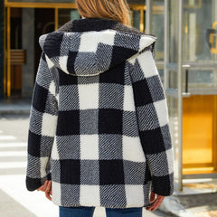 Women’s Autumn Winter Plaid Loose Casual Buckle-Free Cardigan with Double Layer Plush Coat