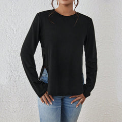 Autumn Winter Women Loose Fitting Casual Round Neck Split Long Sleeve T shirt Top