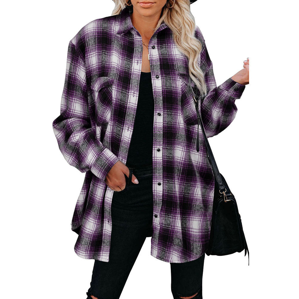 Women Clothing Autumn Winter Plaid Shirt Mid-Length Loose Lapels Cardigan Shirt