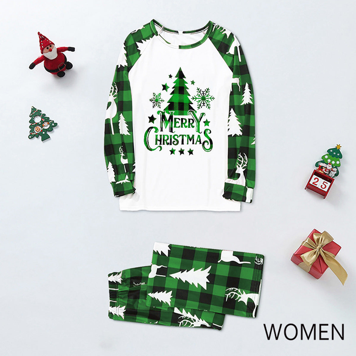 Green Plaid Christmas Tree Pattern Family Matching Pajamas Sets (with Pet's dog clothes)