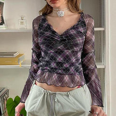 Sexy Small V neck Plaid Color Matching Mesh Light T shirt Bow Slimming Lace Short Top