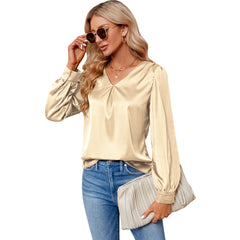 Women Satin Pleated Long Sleeved Top V Neck Casual Loose Work Office Satin Shirt