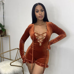 Women Clothing Autumn Winter Suede Solid Color Sexy Deep V Plunge neck Lace up Lotus Leaf Swing Jumpsuit Shorts