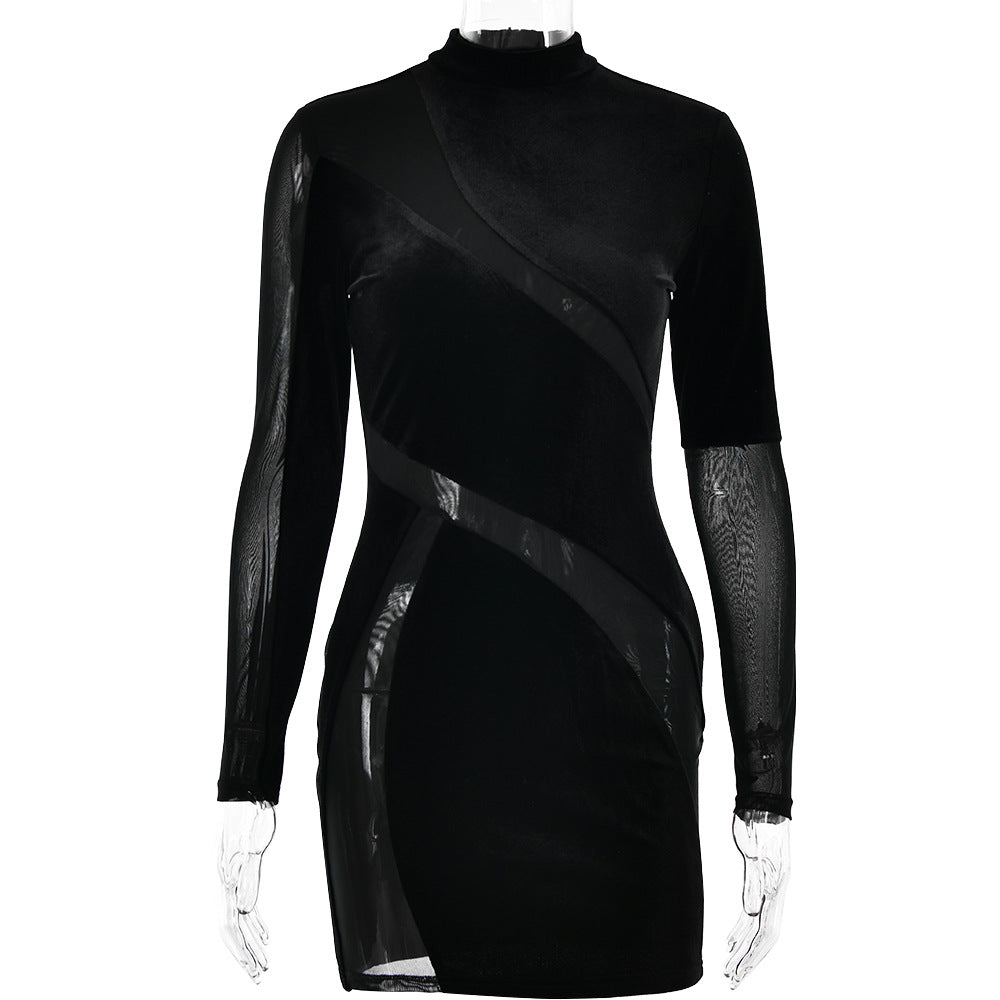 Arrival round Neck Long Sleeve See through Stitching Dress Sexy Sexy Tight Hip Dress Women