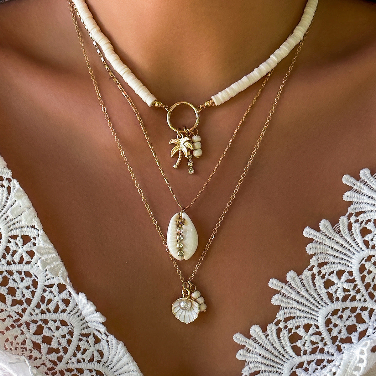 Shell And Sunflower Pendant Multi-layered Necklace