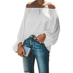 Off Shoulder Top Women Autumn Off Shoulder Solid Color Simple Lantern Sleeve Loose Long Sleeve T Shirt