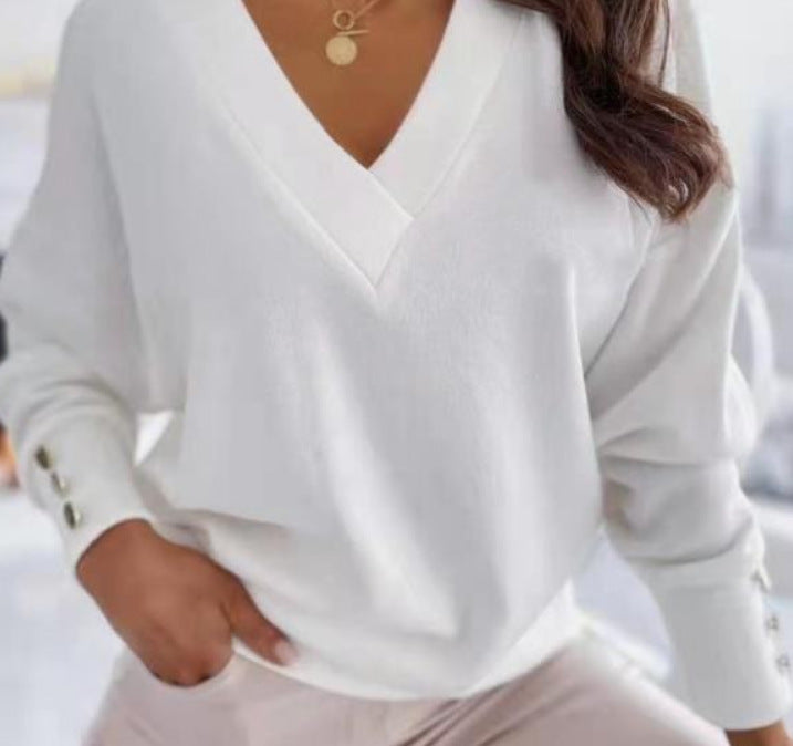 Knitted Women Solid Color Cuff Button Top V Neck