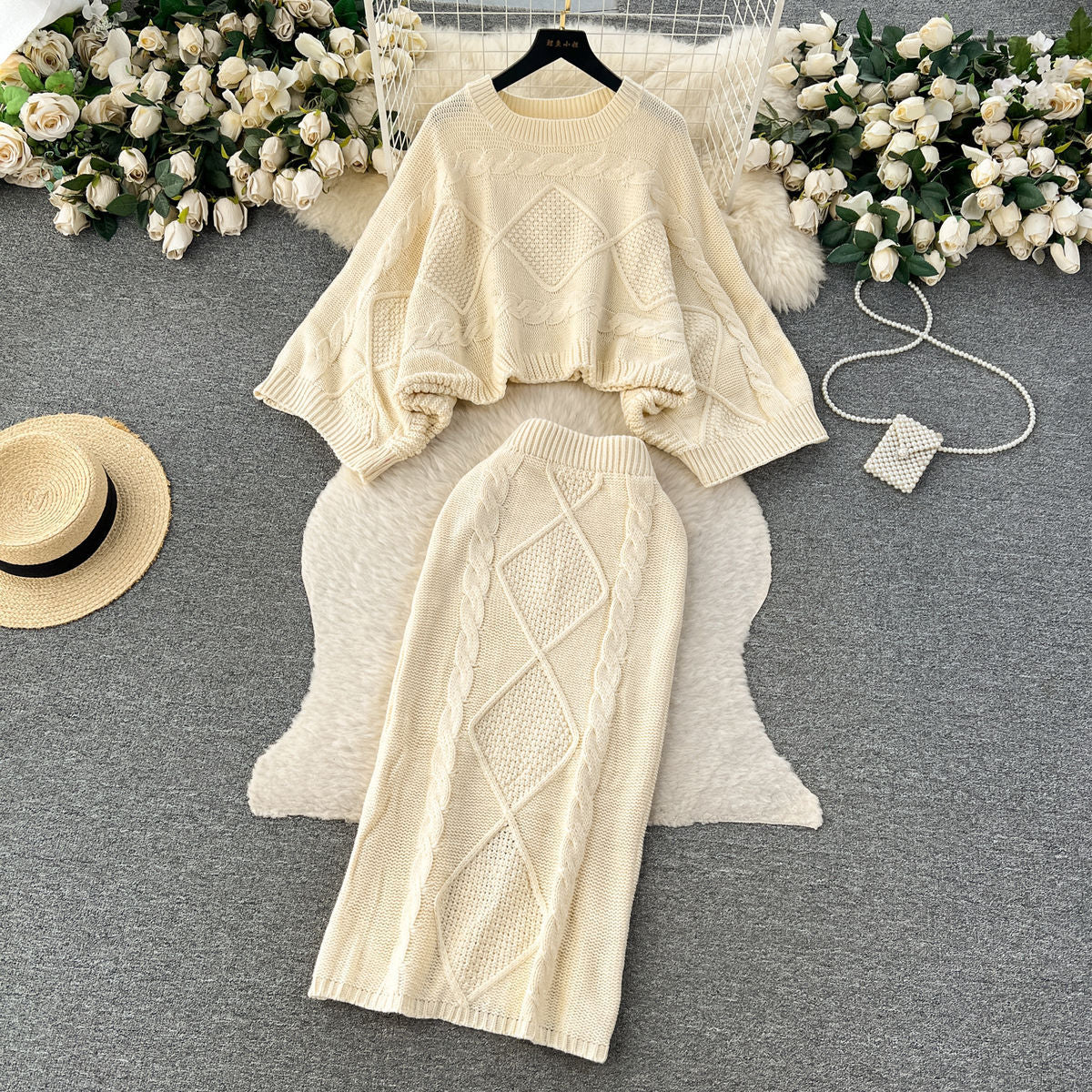 French Lazy Two Piece Dress of Knitted Sweater Women Autumn Winter Twist Batwing Sleeve Top Sheath Skirt Set