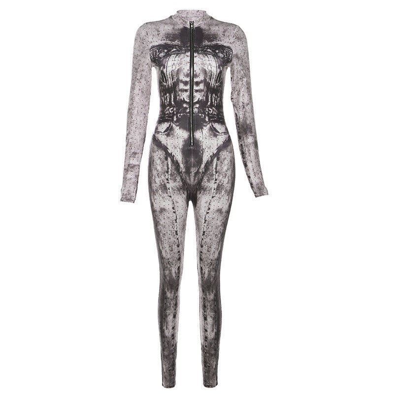 Fall Women Clothing Long Sleeve Digital Printing Slim Fit High Top Sports Jumpsuit Women