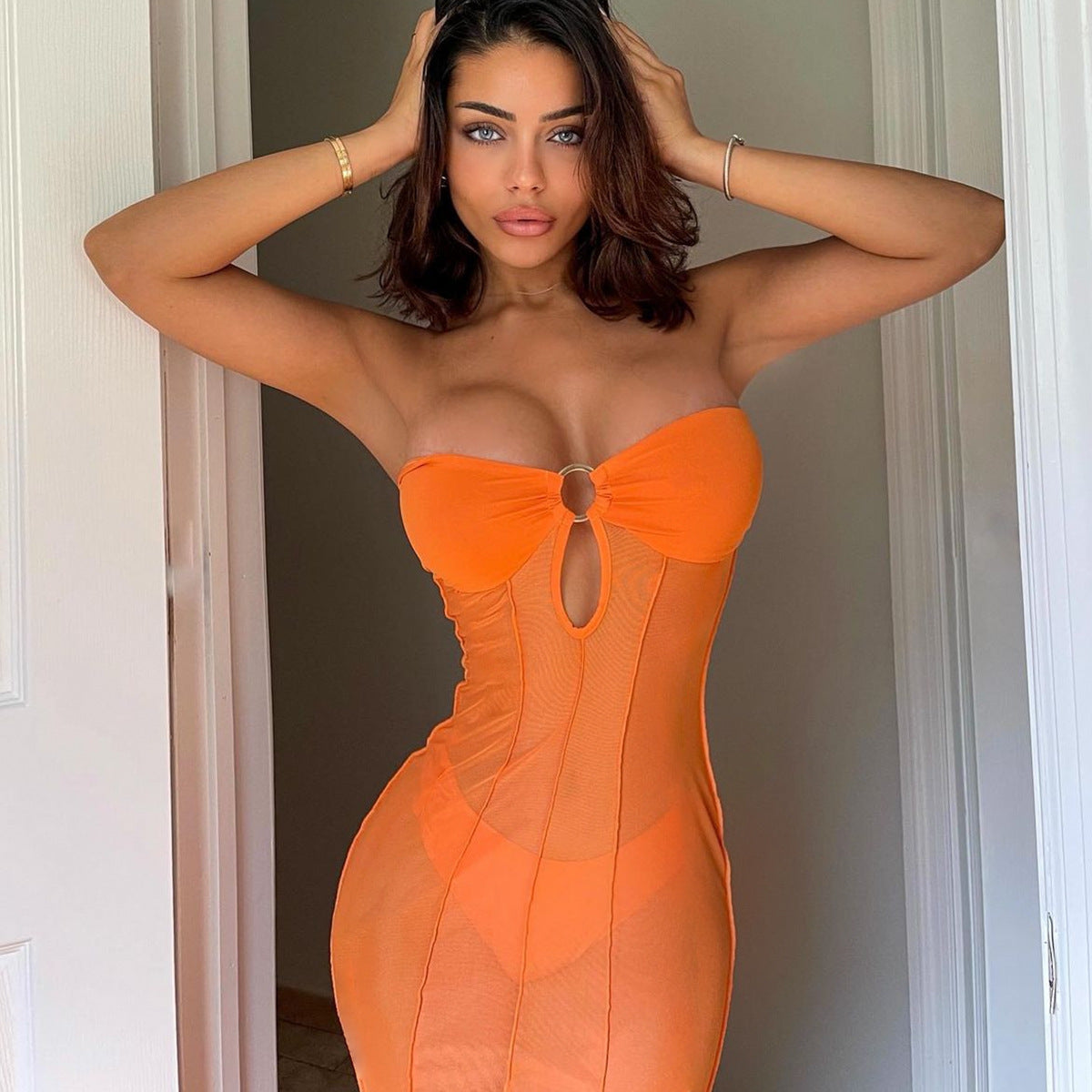 Off Neck Hollow Out Cutout Sexy Mesh See through Slim Dress for Women – Elegant Bodycon Clubwear