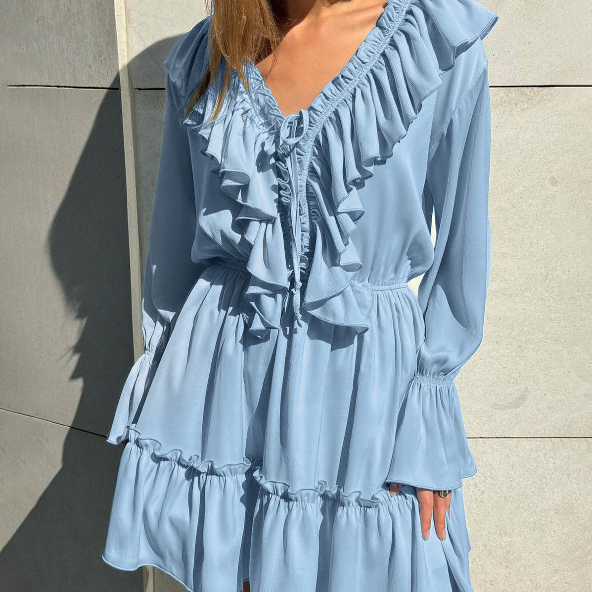 V-neck Pleated Ruffle Waist Long Sleeve Mini Dress