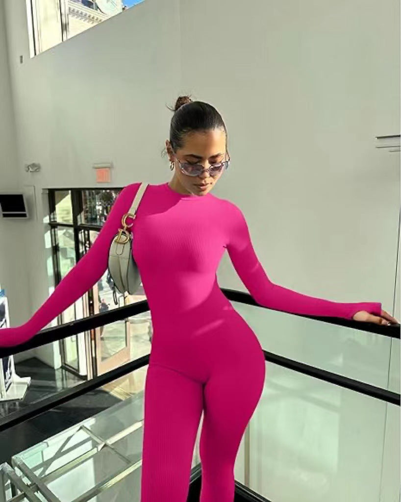 Women One Piece Yoga Jumpsuit Ribbed Long Sleeve Long Pants Round Neck Top Sports Jumpsuit