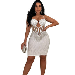 Women’s Solid Color Mesh Rhinestone Slip Dress – Elegant and Sparkling Option for Any Occasion