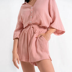 Autumn Five Quarter Sleeve Pajamas Loose Crepe Cotton Shorts Suit Ladies Homewear Can Be Worn