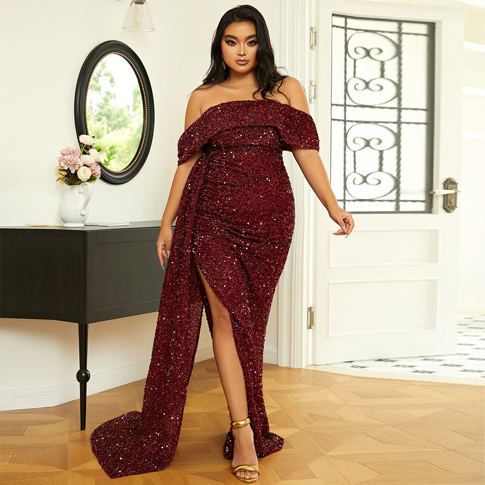 Plus Size Women Long Wedding Party Cocktail Light Sequined Evening Dress