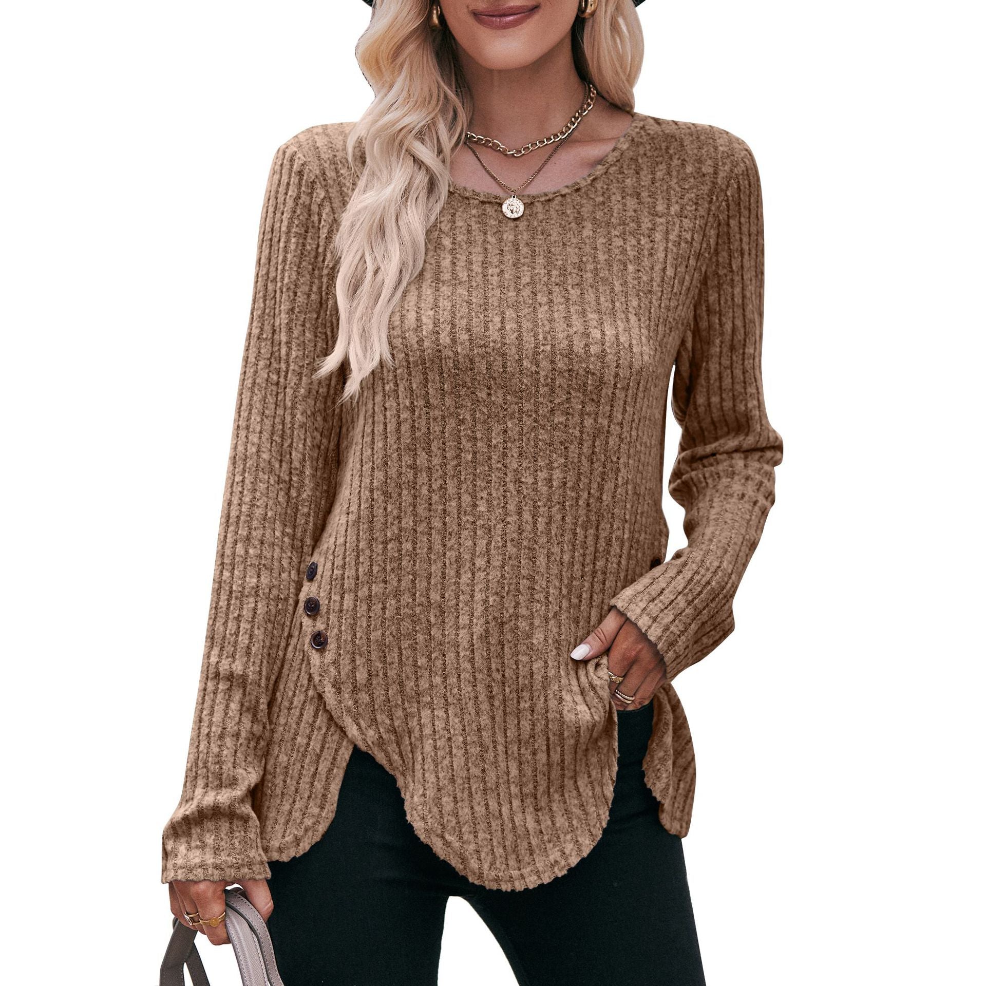 Women round-Neck Sunken Stripe Brushed Solid Color Top Long Sleeve Button T-shirt