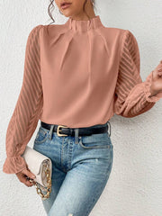 Women Clothing Autumn Winter Half Turtleneck Stitching Wave Pattern Chiffon Long Sleeve Top Women