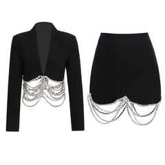 Autumn Rhinestone Chain Stitching Black Short Sheath Slim Skirt Set