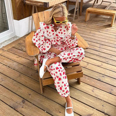 Women Strawberry Printed Peter Pan Collar Lace up Loose Top Ankle Banded Pants Spring Wear Suit