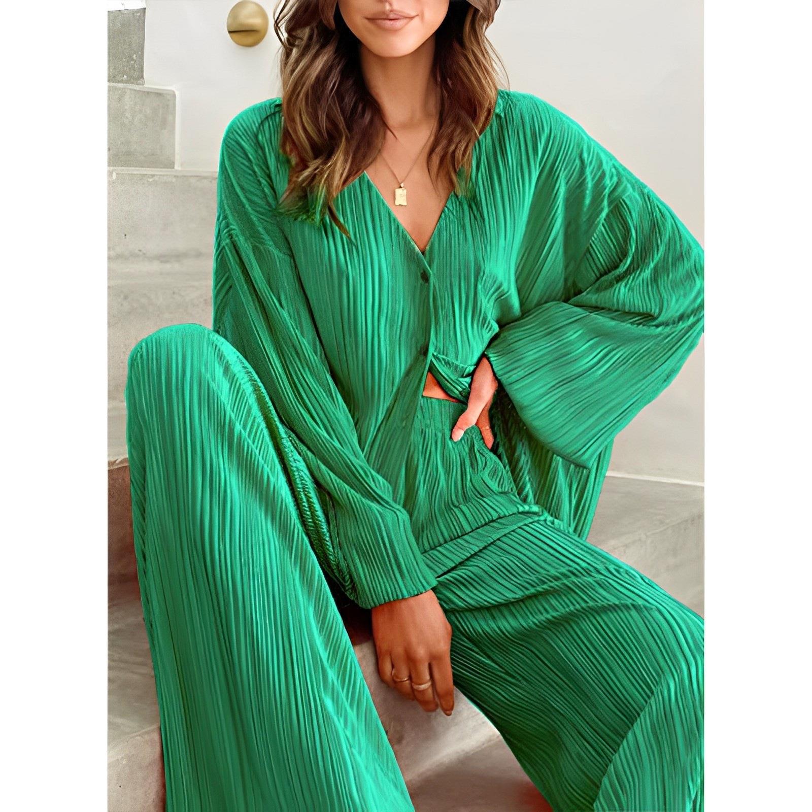 Spring Summer Women Solid Color Pleated Single Breasted Top High Waist Wide Leg Bell Bottoms Homewear Suit