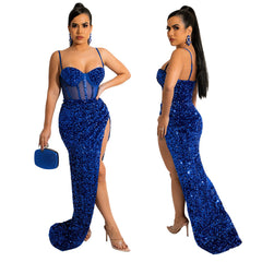 Hip Spaghetti Straps Chest Wrap Maxi Dress Sequined Lining Sexy Evening Dress Dress with Chest Cotton