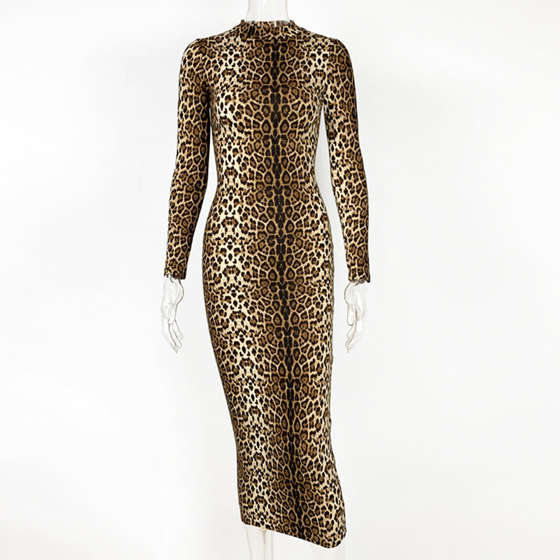 Autumn Winter Women Clothing Leopard Print Long Sleeve Sexy Slim Dress