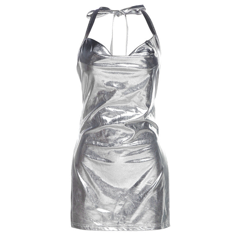 Metallic Coated fabric Women Clothing Spring Summer Metallic Coated fabric Halter Backless Pile Collar Sexy Slit Dress