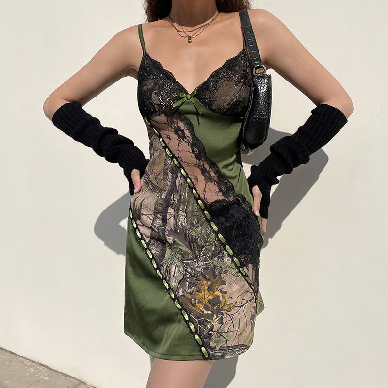 Green Leaf Printed Lace Stitching Suspender  Young Sexy V neck Backless See through Short