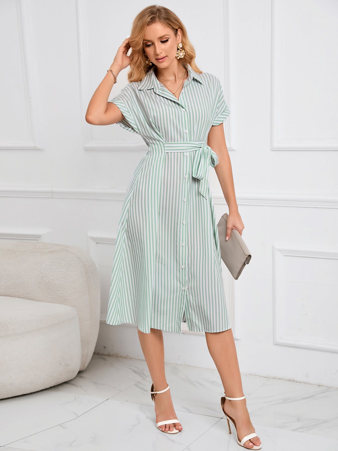 Summer Women Clothes V Neck Belted Polo Collar Striped Midi Dress Long