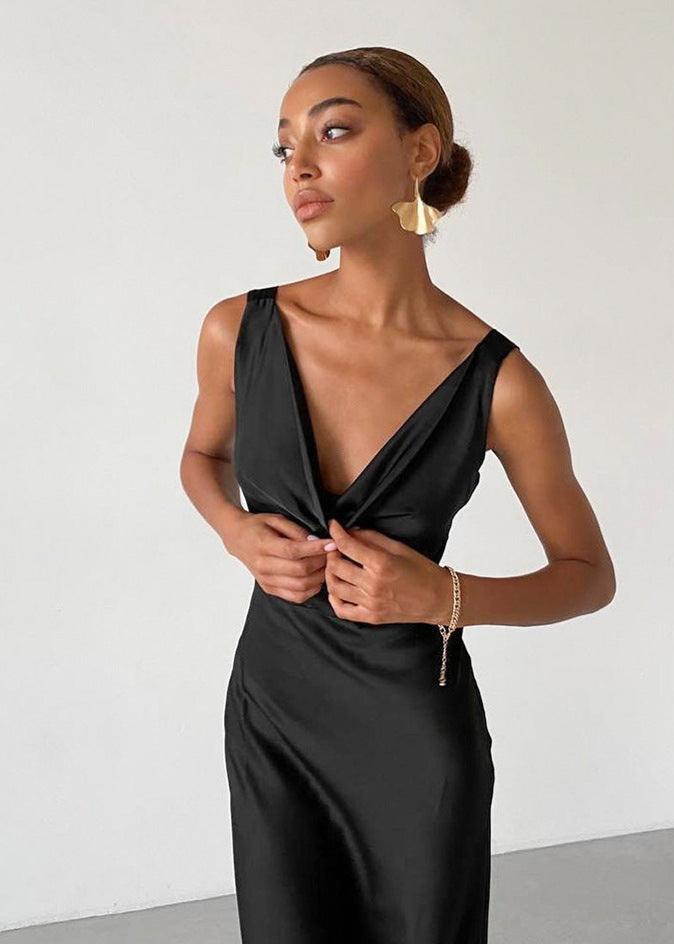 Satin Elegance - Deep V Maxi Dress