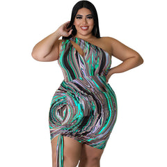 My927 plus Size Women Clothes Pattern Print One-Shoulder Sleeve Sexy Drawstring Bag Hip Dress