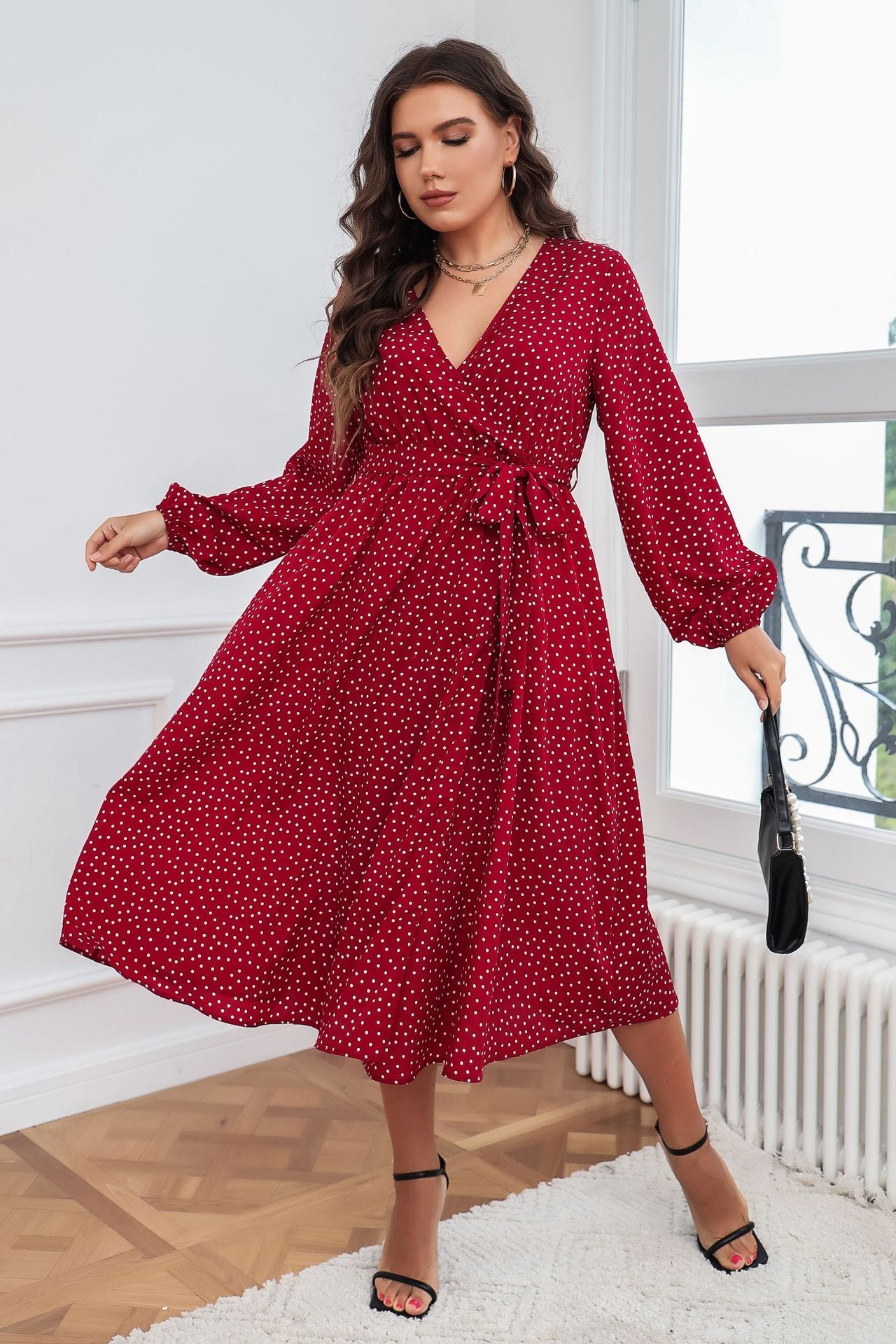 Plus Size Swing Artistic Red Dress – Cotton Office Polka Dot Long Sleeve Women Clothing