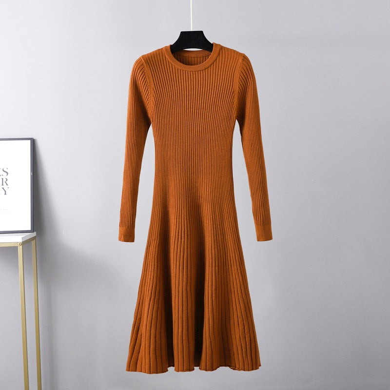 Fall Winter Slim Dress Women Mid Length Dress Round Neck Maxi Dress Solid Color Inner Wear Base Sweater Dress A line Dress