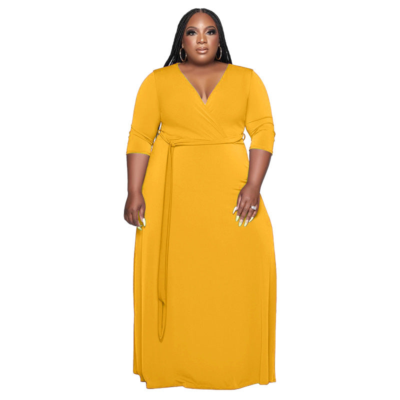 Plus Size Women Clothing with Belt Solid Color Stylish Loose  Dress